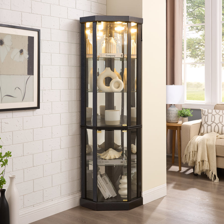 Lighted Corner Curio Cabinet with Glass Doors and Mirrored Back, Black, view 7