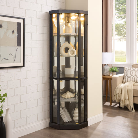 Lighted Corner Curio Cabinet with Glass Doors and Mirrored Back, Black, view 7