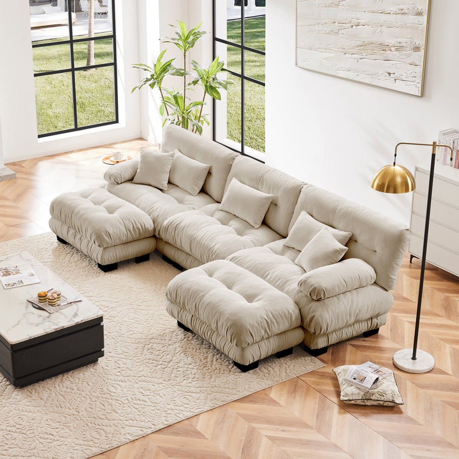 Light Coffee & White Chenille Luxury 4-Piece Modular Sectional Sofa | Oversized 5-Seater U/L-Shaped Cloud Couch with 2 Ottomans