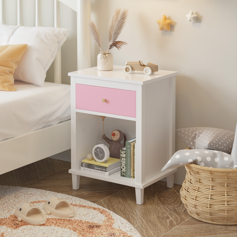 Pink Wooden Nightstand with 1 Drawer & Open Shelf – 26.7” Bedside Table with Gold Handle for Kids or Adults
