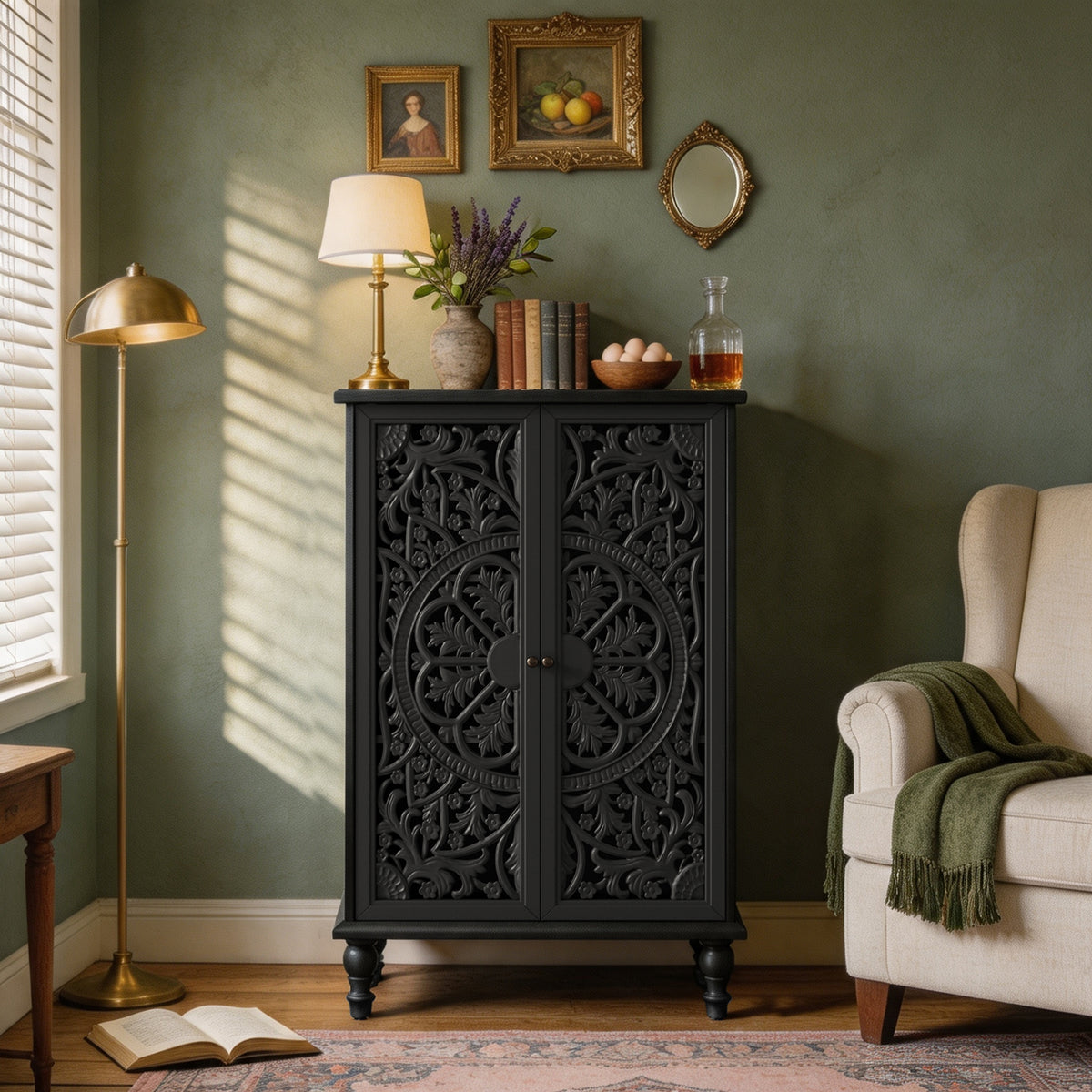Farmhouse Accent Cabinet with Carved Hollow Doors and Turned Legs, Black