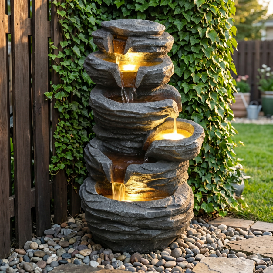 Stacked Rock Waterfall Fountain with LED Lights, 25.6 in Gray Resin