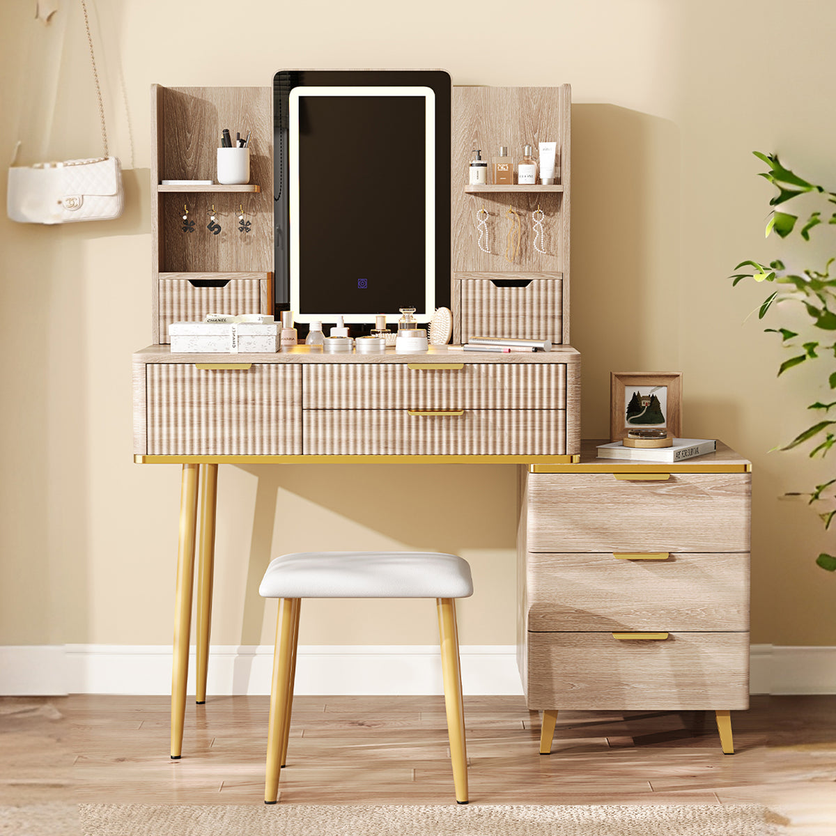 1PC 7-Drawer Vanity Desk - LED Mirror + Carved + Fluted + PU Stool + Jewelry Storage