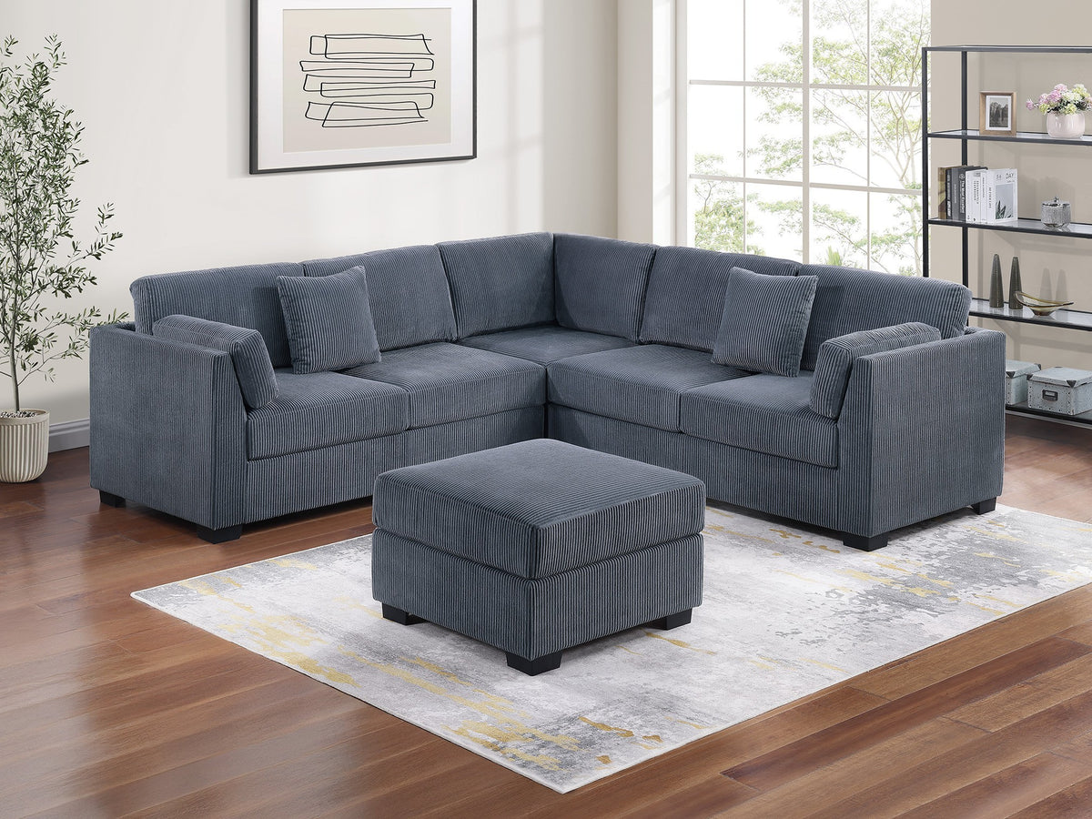Dark Gray Corduroy 4-Piece L-Sectional Sofa Set | RAF/LAF One-Arm Loveseat, Corner Wedge & Cocktail Ottoman