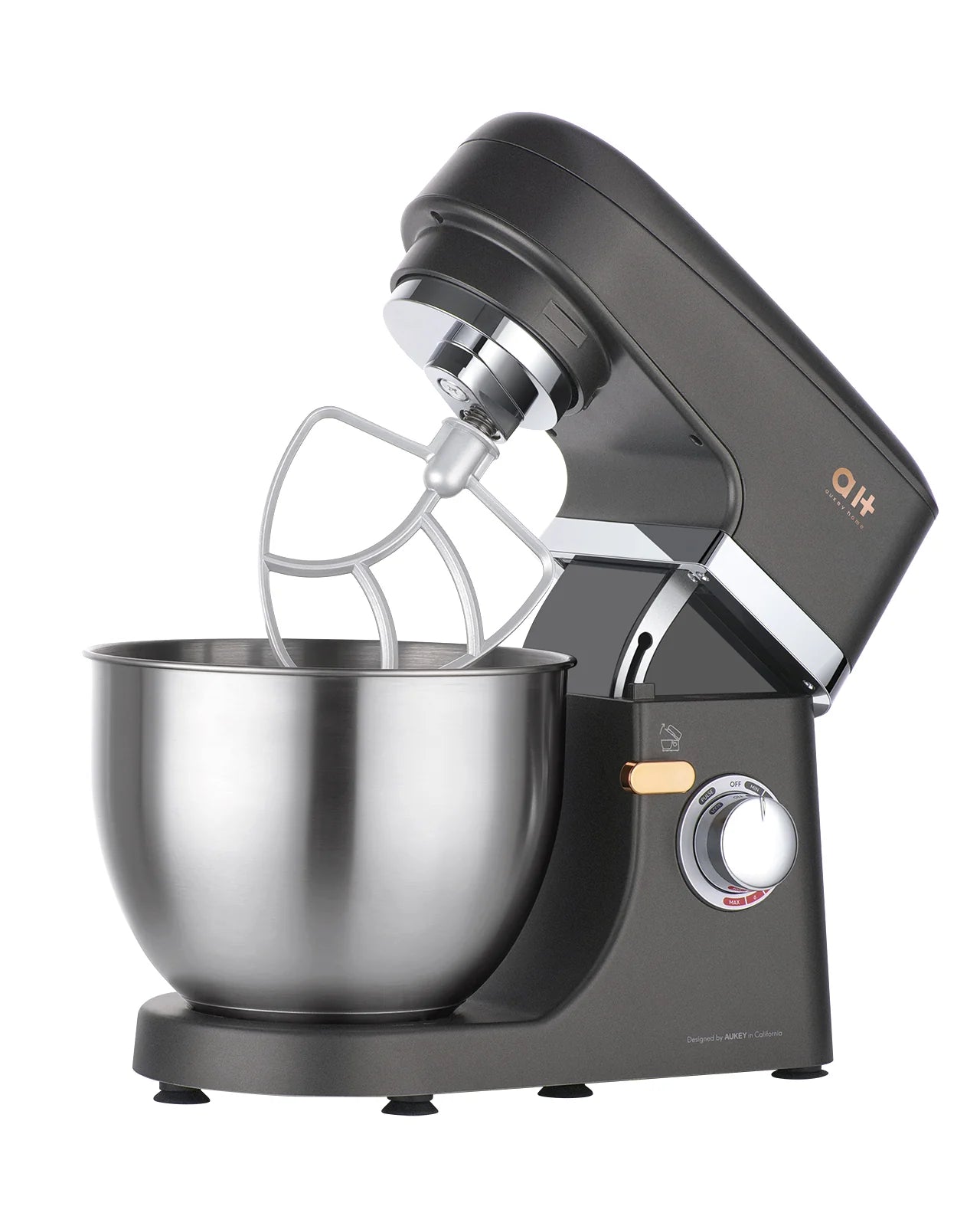 Aukey Home 600W Stand Mixer 9 Speed Tilt-Head with 5Qt Stainless Steel Bowl, Planetary Mixing System, Dough Hook, Flat Beater, Whisk, Splash Guard, Dishwasher Safe, Grey