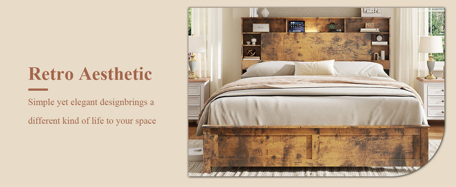 Queen Bed Frame with Bookcase Headboard, Dark Brown, view 13