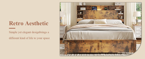 Queen Bed Frame with Bookcase Headboard, Dark Brown, view 13
