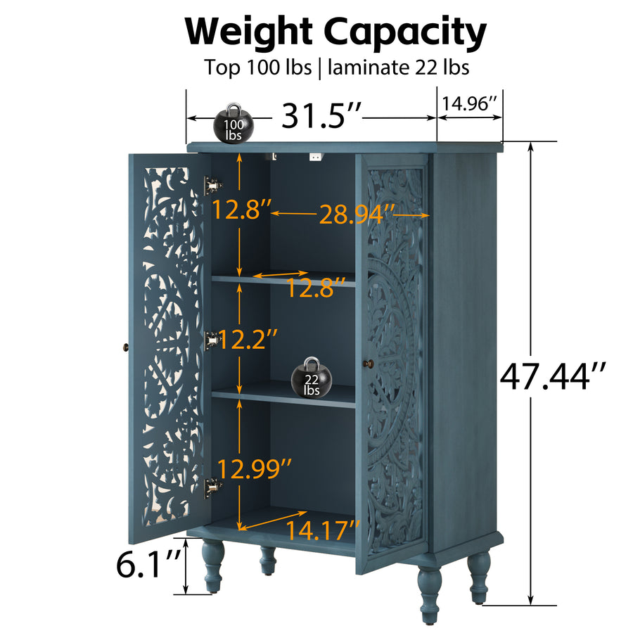 Farmhouse Accent Cabinet with Carved Hollow Doors and Turned Legs, Antique Blue, view 9