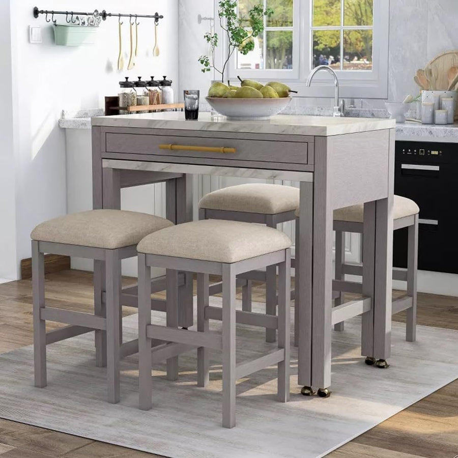 Rustic 5PC Counter Height Dining Set - Faux Marble Top Storage Drawer Light Gray