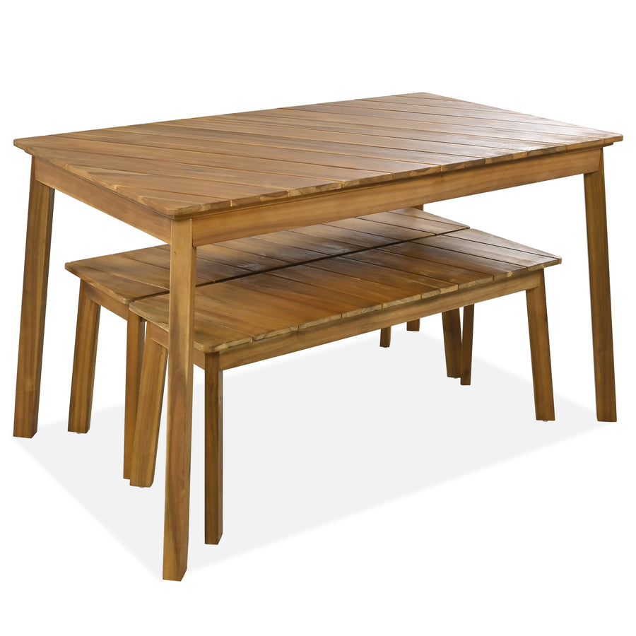three-piece acacia wood dining set with table and two benches - view 8