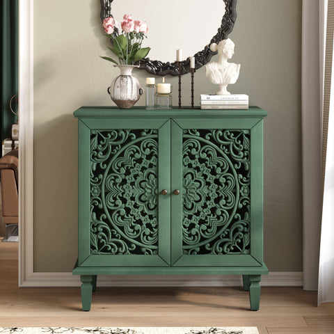 Vintage Accent Cabinet with Carved Floral Doors and Solid Wood Legs, Antique Green