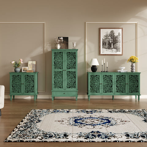 Vintage Accent Cabinet with Carved Floral Doors and Solid Wood Legs, Antique Green, view 11