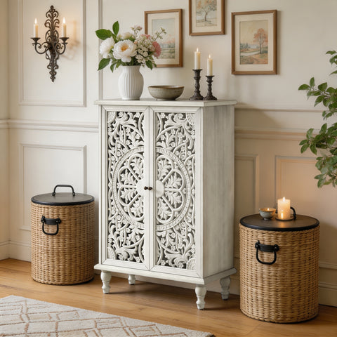 Farmhouse Accent Cabinet with Carved Hollow Doors and Turned Legs, Antique White, view 3