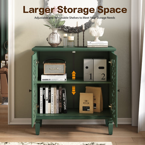 Vintage Accent Cabinet with Carved Floral Doors and Solid Wood Legs, Antique Green, view 8