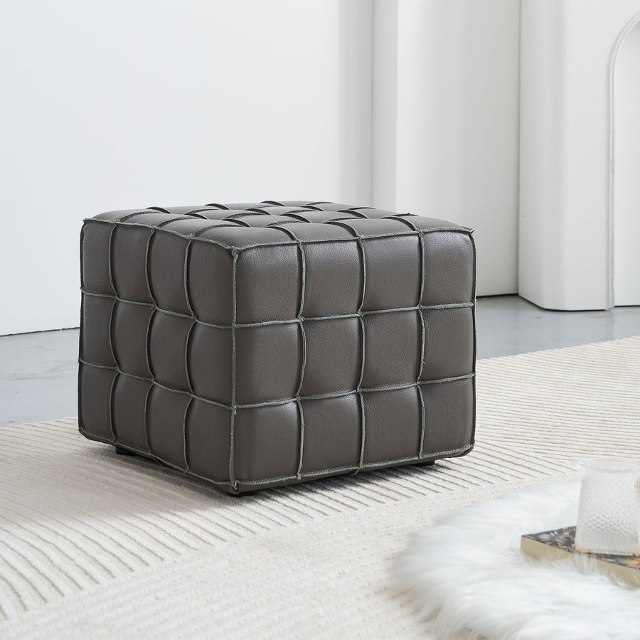 17.32''W Grey Genuine Leather Tufted Ottoman