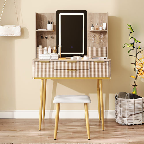 Makeup Vanity Desk with Dimmable LED Mirror, 4 Drawers, Stool and Jewelry Storage, Yellow Brown