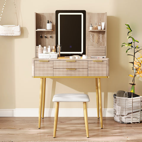 1PC 4-Drawer Vanity Desk - LED Mirror + Carved + Fluted + Metal Legs + PU Stool + Jewelry Storage