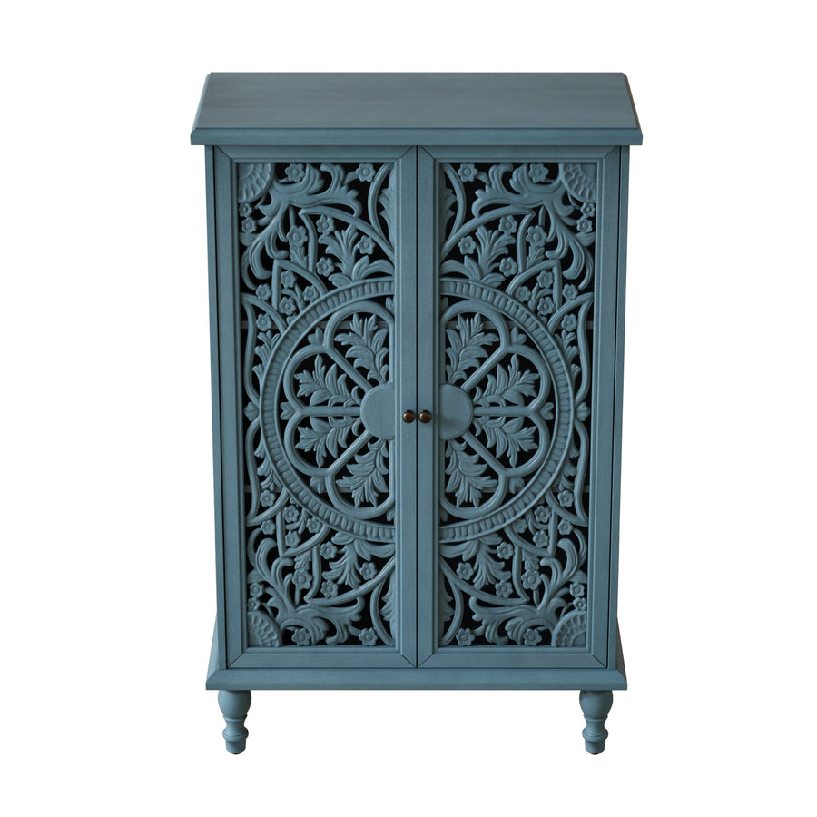 Farmhouse Accent Cabinet with Carved Hollow Doors and Turned Legs, Antique Blue, view 14