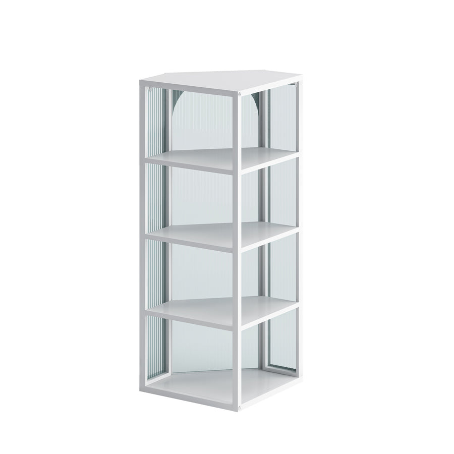 Wall-Mounted Corner Cabinet with Ribbed Glass Door and 4 Tiers, White, view 10