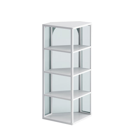 Wall-Mounted Corner Cabinet with Ribbed Glass Door and 4 Tiers, White, view 10