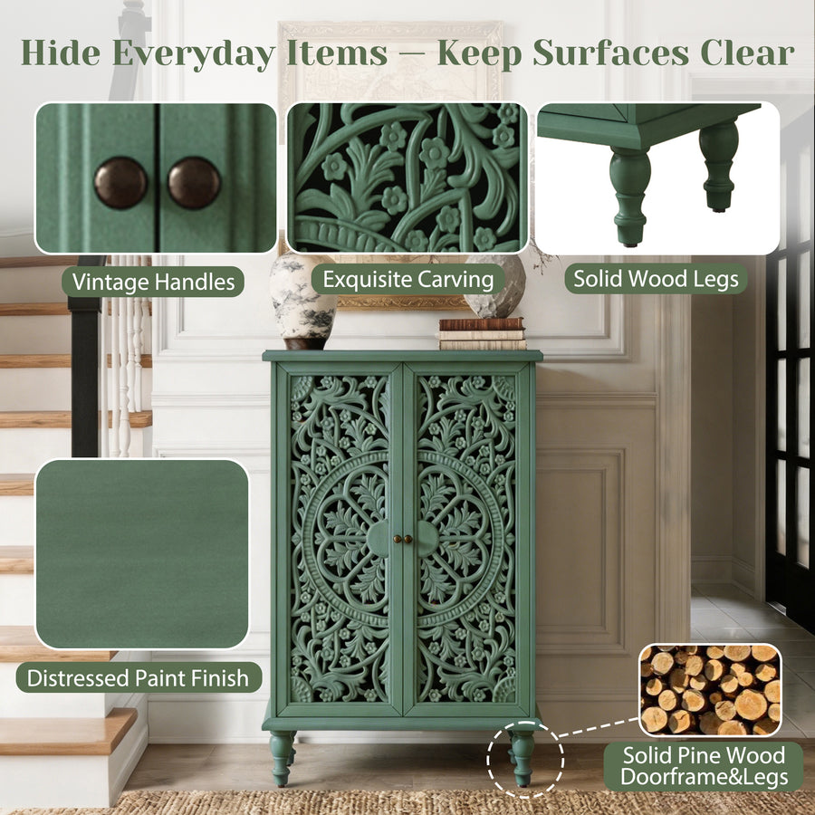 Farmhouse Accent Cabinet with Carved Hollow Doors and Turned Legs, Antique Green, view 8