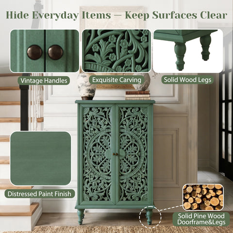Farmhouse Accent Cabinet with Carved Hollow Doors and Turned Legs, Antique Green, view 8