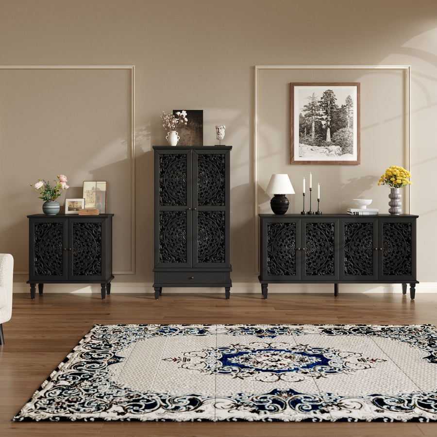 Vintage Accent Cabinet with Carved Floral Doors and Solid Wood Legs, Black, view 6