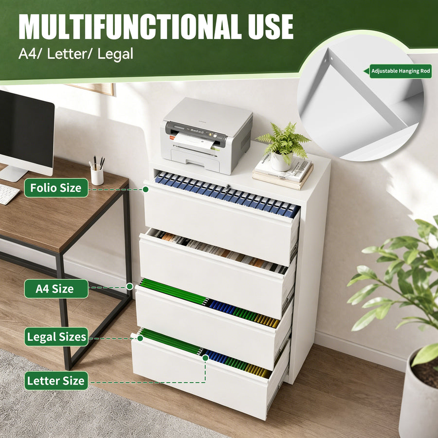 4-Drawer Lateral File Cabinet with Lock, White, view 5
