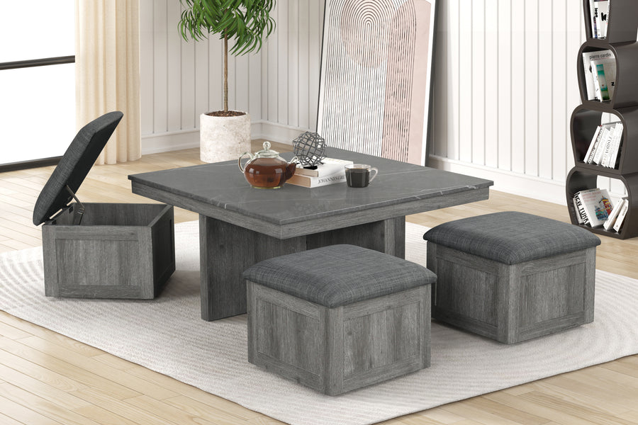 5PC Gray Faux Marble Lift Top Coffee Table Set - 4 Storage Stools