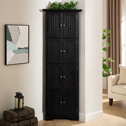 72" Corner Pantry Cabinet with 8 Doors and 4 Shelves, Black