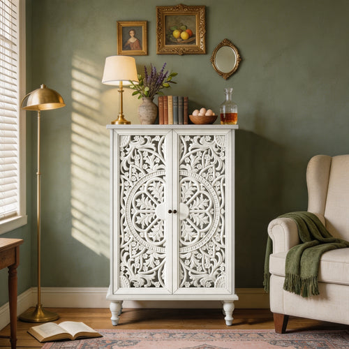 Farmhouse Accent Cabinet with Carved Hollow Doors and Turned Legs, 47" Tall Display Cabinet, Antique White
