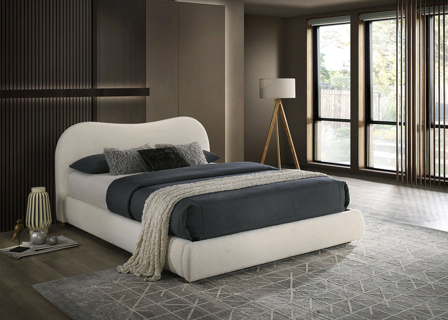 Boucle Upholstered Queen Bed with Curved Headboard and Footboard Storage Drawer, White, view 3
