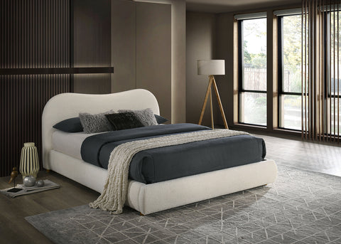 Boucle Upholstered Queen Bed with Curved Headboard and Footboard Storage Drawer, White, view 3