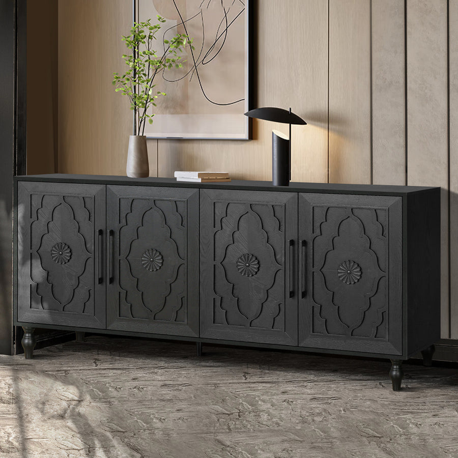 Carved Door Sideboard Buffet Cabinet, Black, view 4