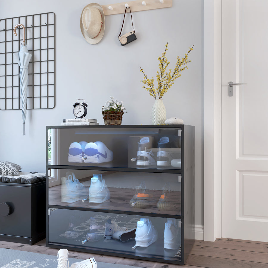 Shoe Storage Cabinet with Sliding Glass Doors and RGB LED Lights, Black, view 2