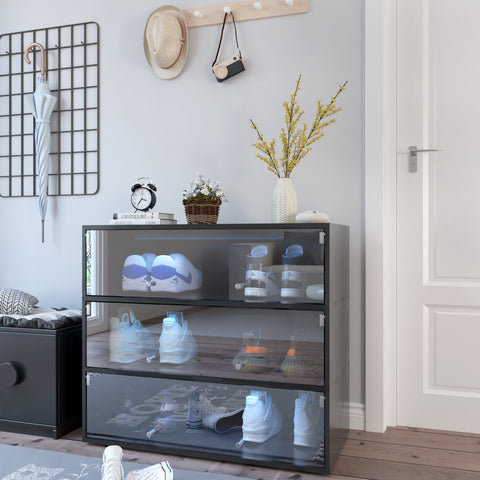 Shoe Storage Cabinet with Sliding Glass Doors and RGB LED Lights, Black, view 2