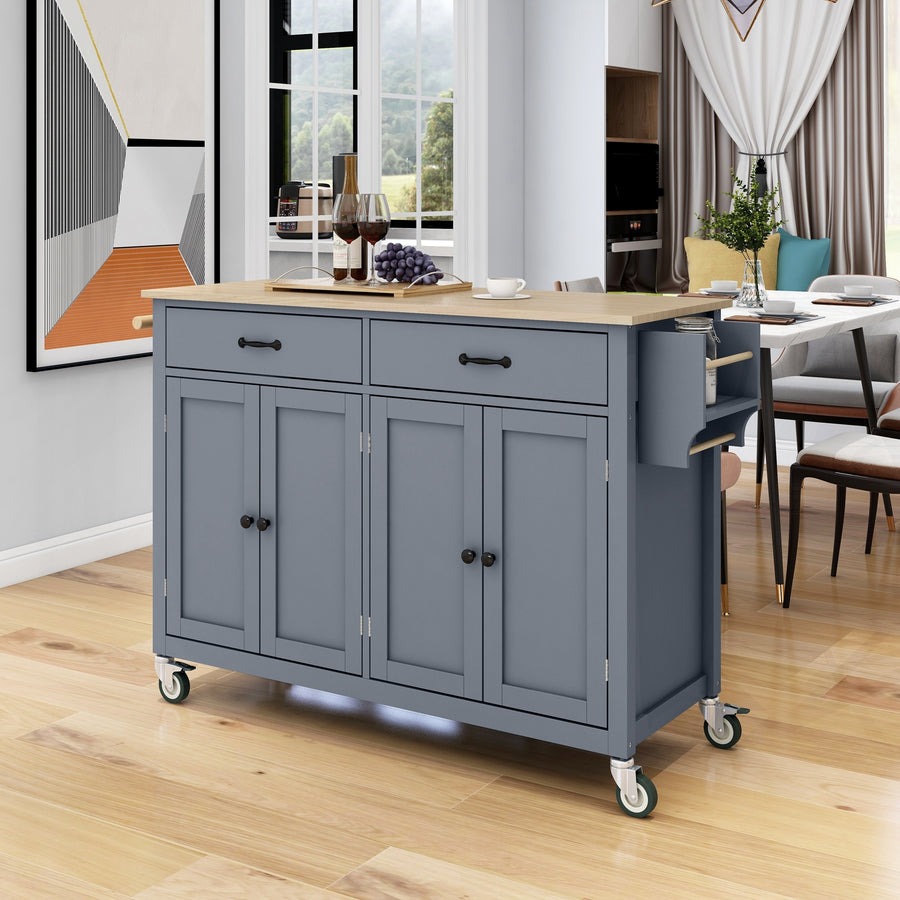 54.3' Kitchen Island Cart – Solid Wood Top, Locking Wheels, 4-Door Cabinet, Drawers, Spice & Towel Rack (Grey Blue)