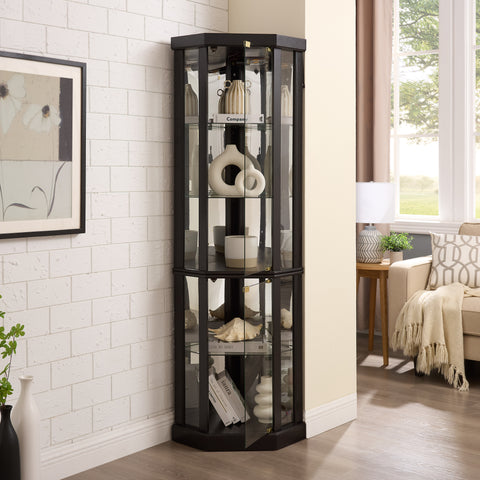 Lighted Corner Curio Cabinet with Glass Doors and Mirrored Back, Black, view 8