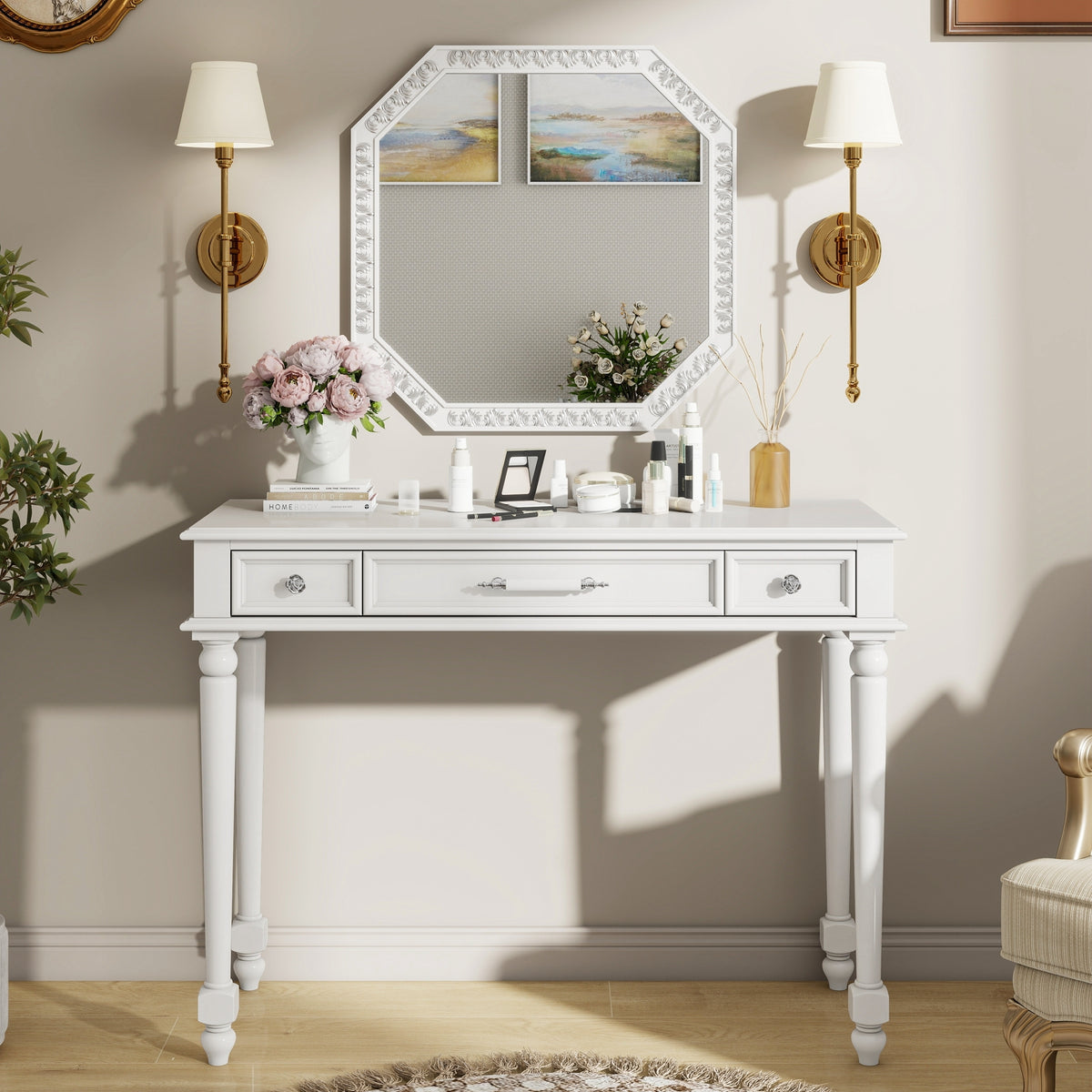 1PC White Retro Makeup Desk - 3 Drawers + Large Mirror + Jewelry Storage