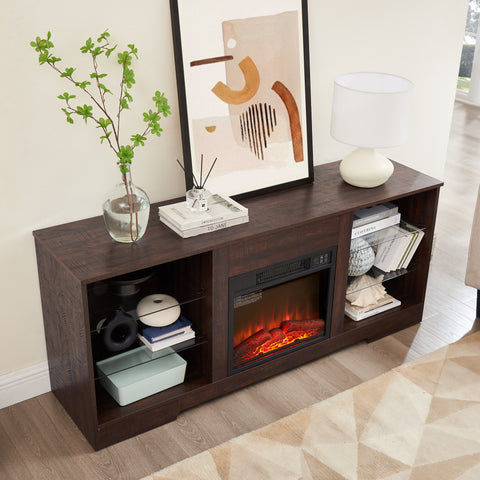 Electric Fireplace TV Stand with LED Lights and Glass Shelves, Espresso, view 6