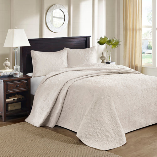 Oversized Reversible Bedspread Set with Patterned Quilting and 2 Shams, King, Cream