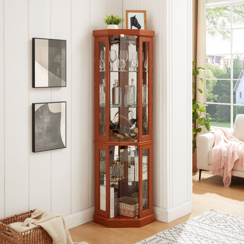 Lighted Corner Curio Cabinet with Glass Doors and Mirrored Back, Dark Oak, view 11
