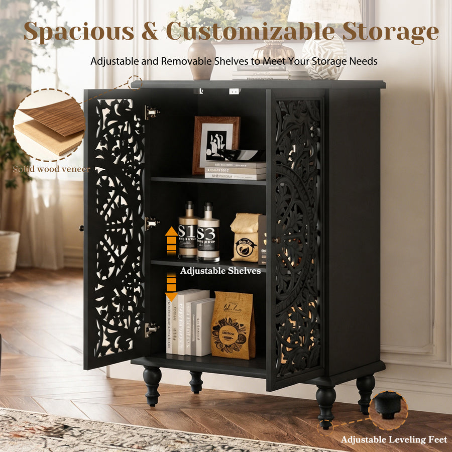 Farmhouse Accent Cabinet with Carved Hollow Doors and Turned Legs, Black, view 8