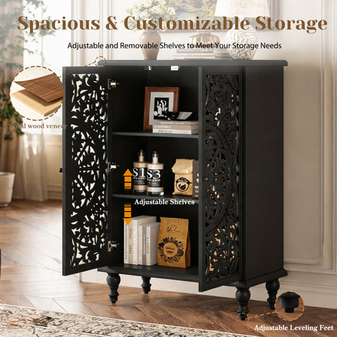Farmhouse Accent Cabinet with Carved Hollow Doors and Turned Legs, Black, view 8