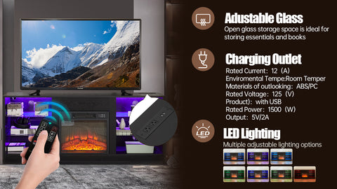 Electric Fireplace TV Stand with LED Lights and Glass Shelves, Black, view 4