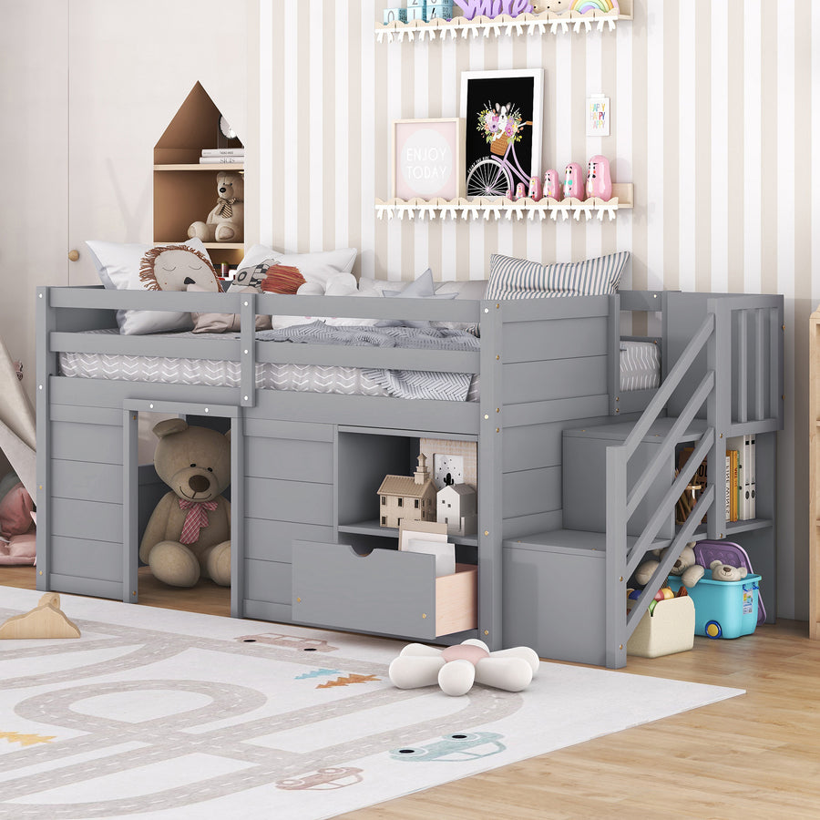 Gray Twin Low Loft Bed with Stairs & Storage