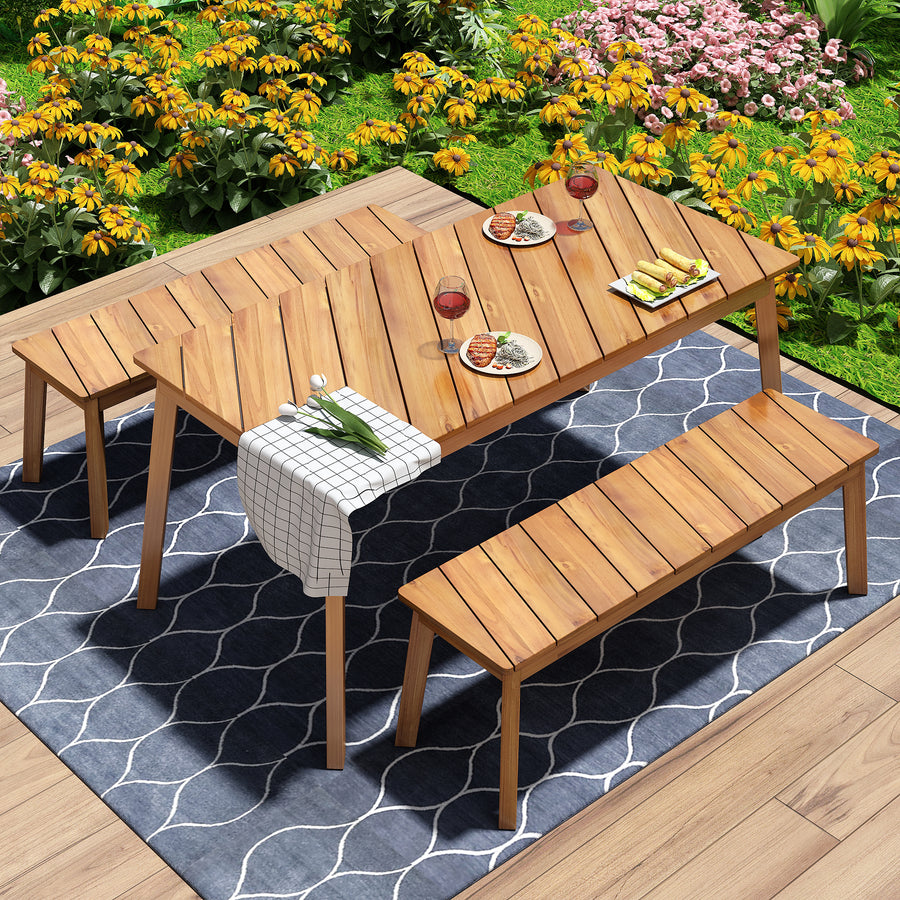 three-piece acacia wood dining set with table and two benches - view 2