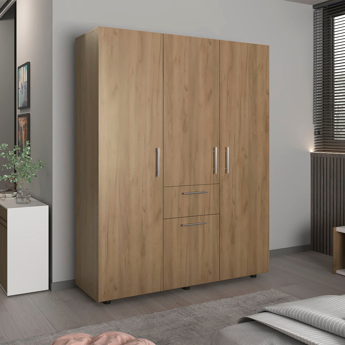 Bariloche 70' Natural Oak Armoire - 4-Door 1-Drawer Wardrobe with 3 Rods 7 Shelves