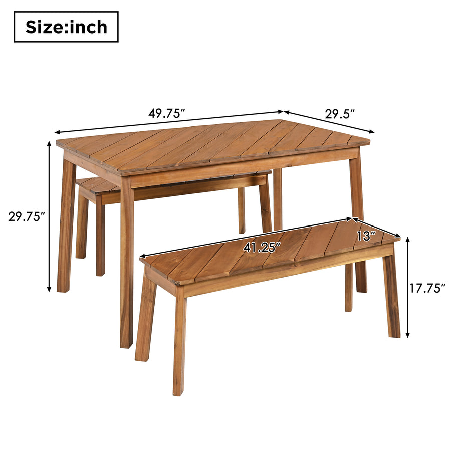 three-piece acacia wood dining set with table and two benches - view 3