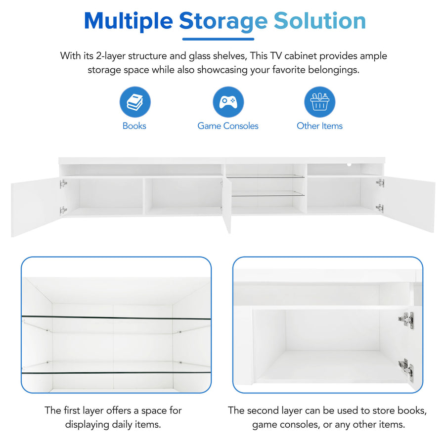94.5" Extra-Long TV Stand with Glass Shelves and App-Controlled LED Lights, White, view 6